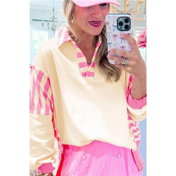 Striped Johnny Collar Long Sleeve Sweatshirt - Picture 2 of 4